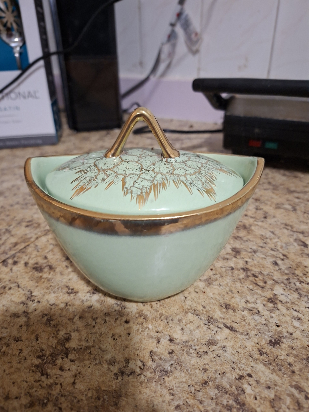 Vintage MCM Star Burst Mint Green Porcelain Sugar Bowl with Gold Trim